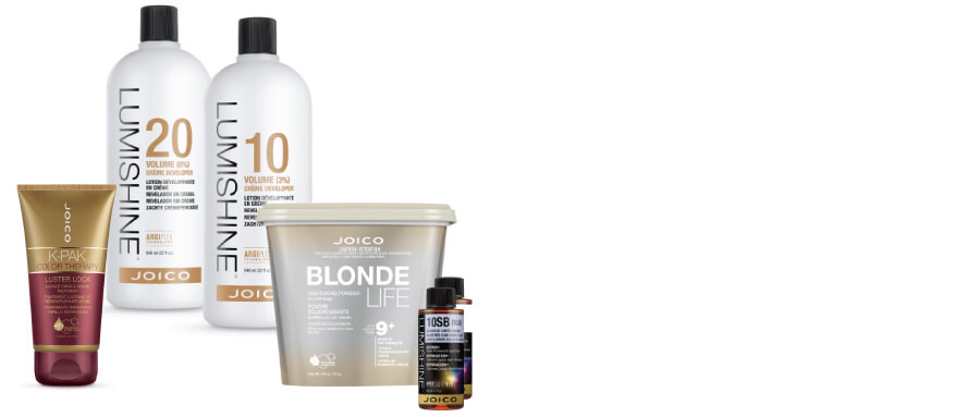 LumiShine developer & color, Blonde Life lightener, and Luster Lock masque bottles